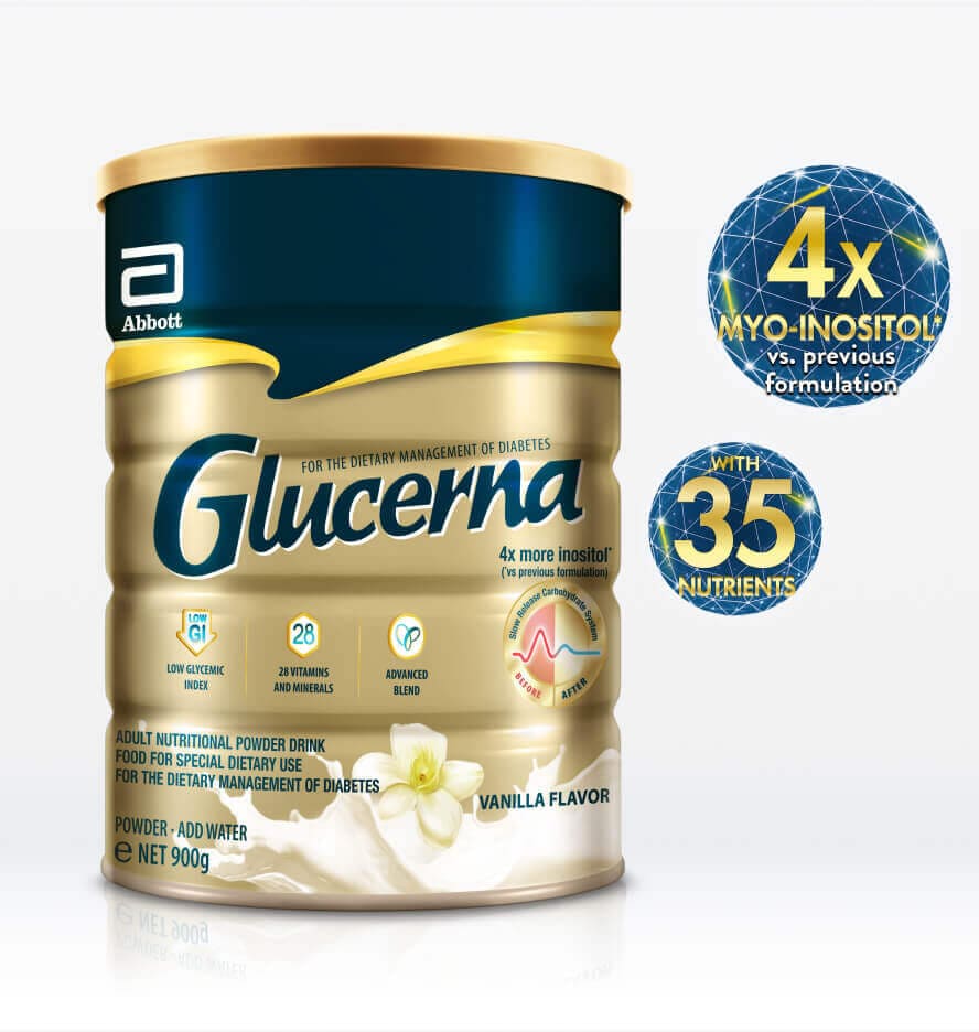 Glucerna Vanilla Flavor can with '4x myo-inositol vs previous formulation' and 'with 35 nutrients' floating claims