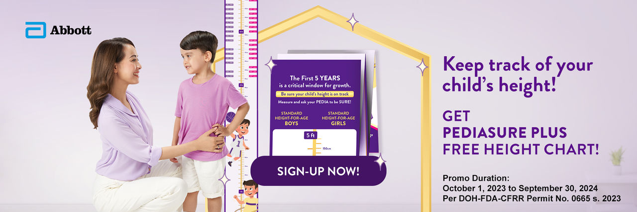 Abbott promotional banner encouraging signing up to receive a free height chart to track a child’s growth, showing a mother measuring her son's height