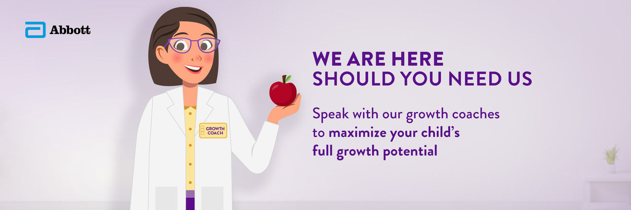 Promotional banner featuring a female growth coach with glasses holding an apple, offering support for child growth maximization by Abbott.