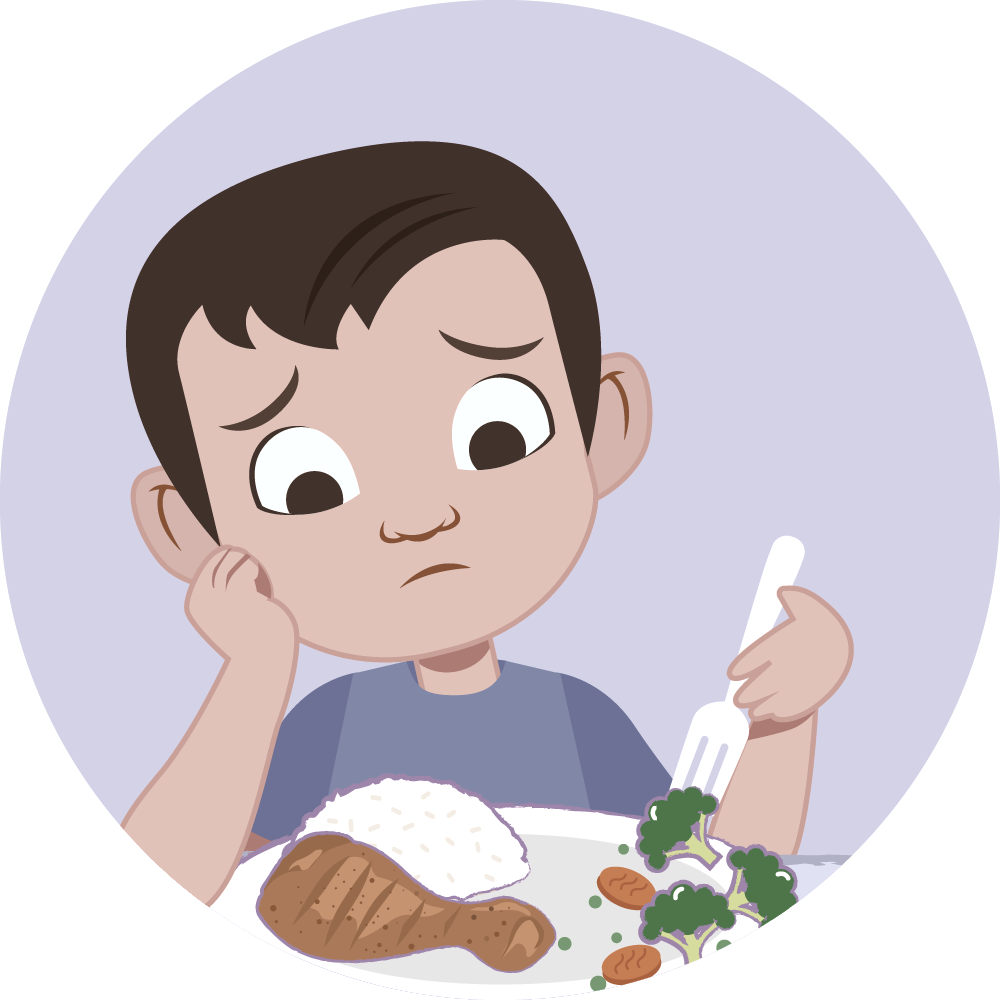 Picky eater Icon, depicts a boy pushing away vegetables from plate