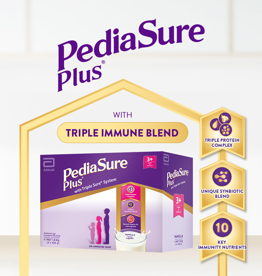 PediaSure Plus packaging highlighting its triple immune blend, triple protein complex, and unique symbiotic blend with vanilla flavor.