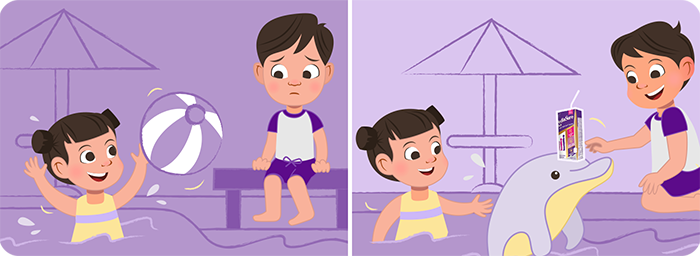 Myth 4 Illustration, Stunted Boy healthier and able to play in the pool after Pediasure Plus.