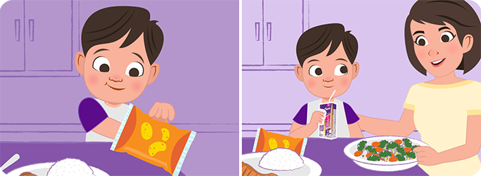 Myth 6 Illustration, Child enjoying healthy meals and PediaSure Plus instead of junk food for balanced nutrition