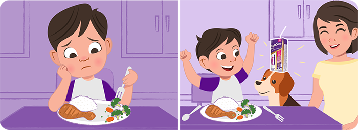 Myth 1 illustration, Boy transition from picky eater to balanced mealtime with PediaSure Plus