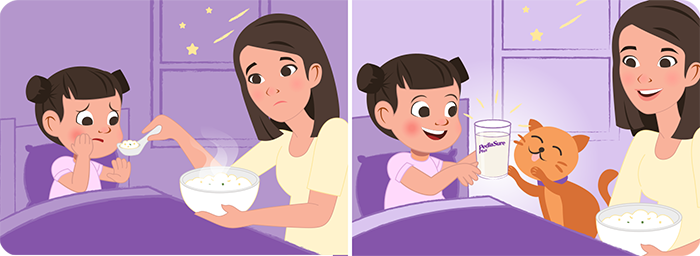 Myth 3 Illustration, Transition of girl feeling better from illness with Porridge and PediaSure Plus' extra nutrition
