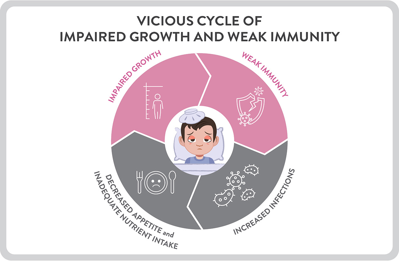 Infographic of vicious cycle of impaired growth and weak immunity, showing how decreased nutrient intake and infections contribute to weakened health in children.