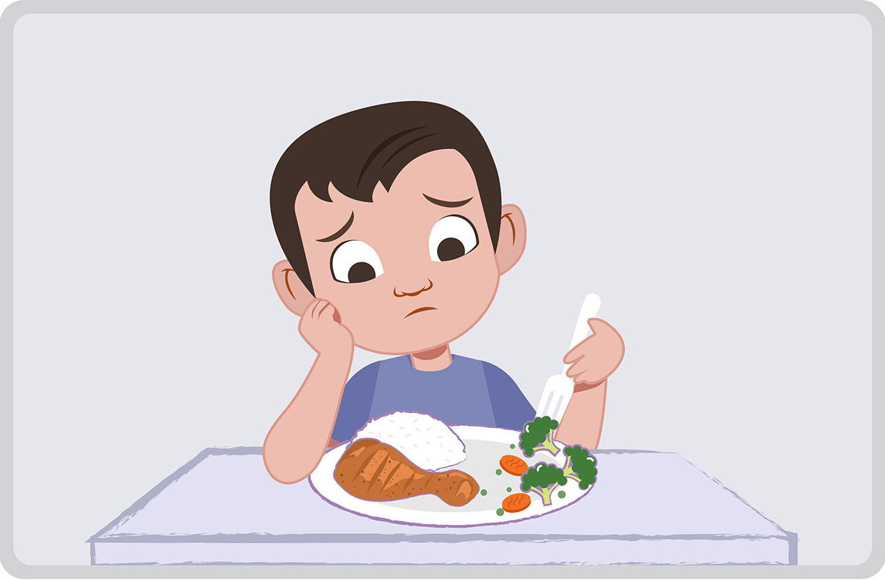 Illustration of a picky eater, pushing away vegetables from plate