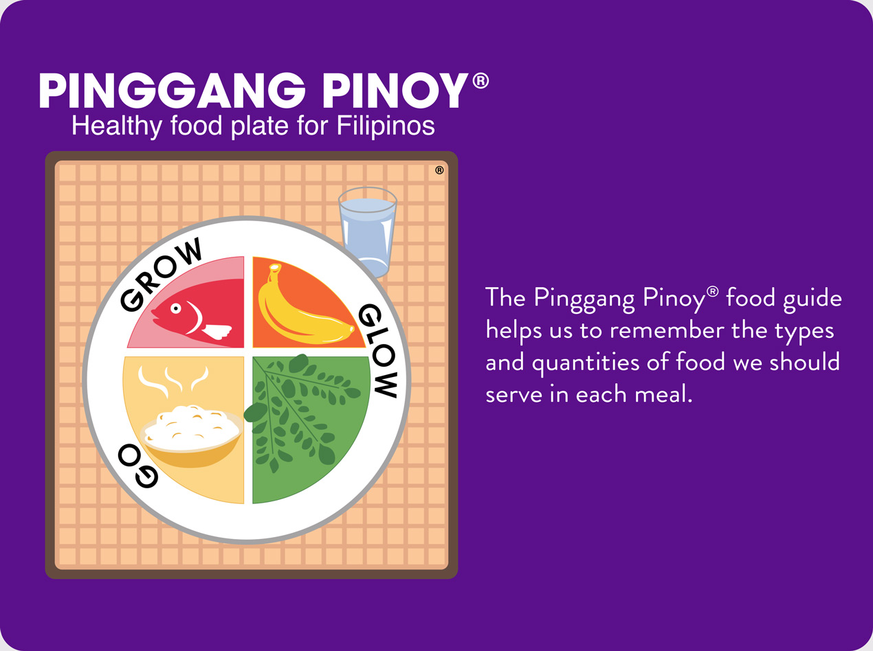 Pinggang Pinoy healthy food plate guide showing ideal portions of grow, glow, and go foods to ensure a balanced diet for Filipinos.