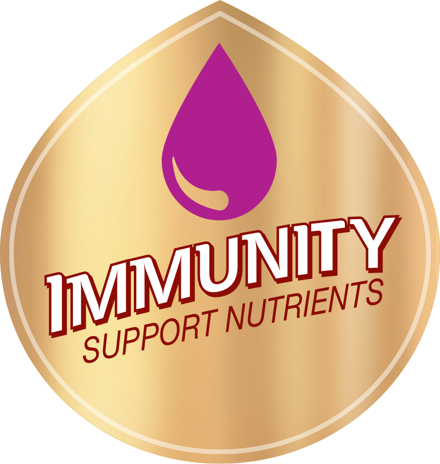 Logo for 'Immunity Support Nutrients' depicted on a golden droplet in bold red letters