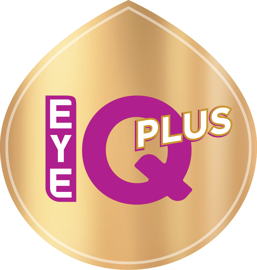 Logo for 'Eye Q Plus' featured on a golden droplet-shaped background